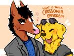  &lt;3 2022 annoyed anthro bird_dog black_eyes black_hair bojack_horseman bojack_horseman_(character) brown_body brown_fur brown_nose canid canine canis clothing dialogue diamond_(marking) digital_drawing_(artwork) digital_media_(artwork) domestic_dog duo english_text equid equine eyewear eyewear_on_head frown fur golden_retriever grey_clothing grey_shirt grey_topwear hair happy horse hoshmyposhes hunting_dog male mammal markings mr._peanutbutter neck_tuft netflix open_mouth open_smile pink_nose retriever shirt smile sunglasses sunglasses_on_head text topwear tuft yellow_body yellow_fur 