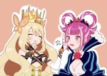  2girls bangs blonde_hair breasts butterfly_hair_ornament celine_(fire_emblem) cheek_pinching closed_eyes closed_mouth crown dress facial_mark fire_emblem fire_emblem_engage hair_ornament hair_rings heart heart_facial_mark hortensia_(fire_emblem) long_hair looking_at_another multicolored_hair multiple_girls nasakenasasugiw open_mouth pinching pink_eyes pink_hair short_hair small_breasts two-tone_hair upper_body very_long_hair 