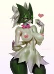  &lt;3 2023 anthro areola breasts female fur generation_9_pokemon green_body green_fur hi_res johnfoxart looking_at_viewer meowscarada navel nintendo nipples nude pink_eyes pokemon pokemon_(species) simple_background smile smiling_at_viewer solo 