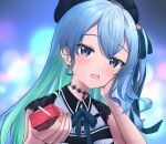  1girl aqua_hair asymmetrical_hair bangs beret blue_background blue_eyes blue_hair blue_ribbon blurry blurry_background blush choker commentary_request earrings eyelashes hair_ornament hair_ribbon hands_up hat head_rest head_tilt highres holding hololive hoshimachi_suisei jewelry juice_box lace-trimmed_sleeves lace_trim looking_at_viewer nail_polish neck_ribbon off_shoulder open_mouth panzer87631631 partial_commentary ribbon shadow short_sleeves side_ponytail sidelocks solo star_(symbol) star_in_eye symbol_in_eye teeth upper_body upper_teeth_only virtual_youtuber 