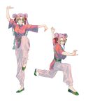  1girl alternate_costume arm_up bangs braid breasts chinese_clothes clenched_hand closed_mouth collared_shirt double_bun fighting_stance flats full_body gootai green_eyes green_footwear green_hair hair_bun hair_ribbon highres kanroji_mitsuri kimetsu_no_yaiba kung_fu long_hair long_sleeves looking_at_viewer mole mole_under_eye multicolored_hair multiple_views one_knee outstretched_arm pants pink_hair pink_shirt puffy_pants red_ribbon ribbon sash shirt simple_background smile standing standing_on_one_leg tangzhuang tri_braids tri_tails two-tone_hair white_background white_pants 