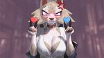  2023 anthro blush breasts cleavage clothed clothing collarbone cross-popping_vein double_v_sign drunk_oak female front_view fur gesture hi_res nintendo pokemon pokemon_(species) purple_eyes topwear v_sign white_clothing white_topwear 
