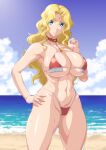  1girl abs beach bikini blonde_hair blue_eyes breasts day highres large_breasts long_hair looking_at_viewer micro_bikini muscular muscular_female navel ozaneko rachel_stanley red_bikini shijou_saikyou_no_deshi_ken&#039;ichi smile solo stomach swimsuit thighs 