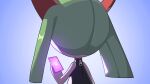  2023 ambiguous_gender black_clothing blue_background clothed clothing drunk_oak generation_3_pokemon green_hair hair hi_res kirlia nintendo pokemon pokemon_(species) rear_view red_body simple_background solo white_body white_skin 