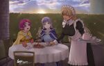  3girls absurdres alternate_costume apron blonde_hair commission commissioner_upload dark_skin dress facial_mark fae_(fire_emblem) fire_emblem fire_emblem:_the_binding_blade fire_emblem:_three_houses forehead_mark green_eyes highres igrene_(fire_emblem) long_hair maid maid_apron multiple_girls non-web_source open_mouth pointy_ears purple_eyes purple_hair short_hair smile sophia_(fire_emblem) tea tray yellow_eyes 