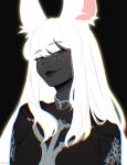  1girl animal_ears avatar_(ff14) bangs black_background black_skin chromatic_aberration colored_skin commission final_fantasy final_fantasy_xiv freckles lips long_hair looking_at_viewer noroiju rabbit_ears smile solo upper_body viera white_hair yellow_eyes 