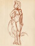  2022 anthro breasts caribou_(artist) clothed clothing digital_media_(artwork) dinosaur female reptile scalie simple_background sketch standing 