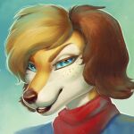  2023 anthro bird_dog blonde_hair blue_eyes blue_sclera brown_nose canid canine canis colored colorful detailed digital_drawing_(artwork) digital_media_(artwork) digital_painting_(artwork) domestic_dog fur fur_markings fur_tuft hair hunting_dog light lighting lips looking_at_viewer male mammal markings portrait red_scarf rizonik scarf shaded sly sly_look smile smiley_face soft_shading solo spaniel three-quarter_portrait tuft 