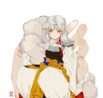  1boy armor bangs closed_mouth crescent crescent_facial_mark facial_mark floral_print forehead_mark frown full_body fur_shawl highres holding_another&#039;s_finger in_palm inuyasha japanese_clothes kimono logo long_hair long_sleeves looking_at_viewer male_focus miniboy out_of_frame outstretched_arms pants pointy_ears pov pov_hands sash sesshoumaru shawl shoulder_spikes simple_background sitting size_difference solo_focus spikes white_background white_hair whjza yellow_eyes 