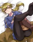  1boy bed blonde_hair boots cape feet final_fantasy final_fantasy_tactics ponytail ramza_beoulve solo tarai_(yamadarairai) yellow_eyes 