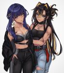 2girls astertia bangs belt black_belt black_hair black_nails blonde_hair blue_eyes blue_hair breasts candace_(genshin_impact) cleavage closed_mouth collarbone commentary crescent crescent_earrings crop_top crossed_arms crossed_bangs dark-skinned_female dark_skin dehya_(genshin_impact) denim earrings genshin_impact hair_between_eyes hair_intakes hair_ornament hand_in_pocket heterochromia highres jeans jewelry long_hair long_sleeves looking_at_viewer midriff multicolored_hair multiple_girls muscular muscular_female nail_polish navel necklace pants pointy_hair simple_background sleeves_past_wrists smile sportswear standing stomach streaked_hair symbol-only_commentary torn_clothes triangle_earrings white_background yellow_eyes 