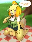  absurd_res animal_crossing anthro asking_viewer balls big_balls big_breasts big_penis black_eyes blush blush_lines bodily_fluids breasts canid canine canis clothed clothing confusion dialogue digital_media_(artwork) domestic_dog dripping english_text eyebrows genital_fluids genitals grass gynomorph hand_on_breast hi_res huge_balls huge_penis intersex isabelle_(animal_crossing) looking_at_viewer lumipetals mammal nintendo pawpads penis picnic_blanket plant precum precum_drip raised_eyebrow sitting snout solo speech_bubble tail text thick_thighs tree vein veiny_penis yellow_body 