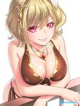  1girl alternate_costume bare_arms bare_shoulders bikini blonde_hair brown_bikini citrinne_(fire_emblem) commentary etchimune fire_emblem fire_emblem_engage hair_between_eyes hair_ornament jewelry looking_at_viewer necklace pink_lips red_eyes short_hair side-tie_bikini_bottom simple_background smile solo swimsuit white_background 