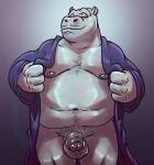  2023 anthro balls bathrobe bathrobe_only belly big_belly body_hair chest_hair clothed clothing common_hippopotamus eyes_closed facial_hair flaccid foreskin genitals grey_background hairy_balls hi_res hippopotamid male mammal manly mature_male moobs mostly_nude mr._king musclegut mustache navel nipples open_bathrobe open_clothing open_robe overweight overweight_male pecs penis pubes rimba_racer robe robe_only simple_background smile solo standing thick_thighs zeiroslion 