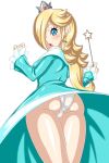  1girl aqua_dress aqua_eyes ass backboob bare_legs blonde_hair blue_dress blue_eyes blush breasts cameltoe crown dress earrings hair_over_one_eye highres holding holding_wand jewelry kattiy1009 long_hair long_sleeves mario_(series) off-shoulder_dress off_shoulder panties rosalina simple_background solo star_(symbol) star_earrings underwear wand white_background white_panties 