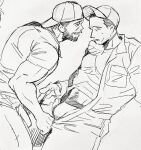  2boys backwards_hat bara baseball_cap beard bulge cosgrove_(dickfish) couple dickfish_(fishismdick) eye_contact facial_hair feet_out_of_frame from_side hat highres large_pectorals looking_at_another male_focus male_underwear male_underwear_peek mature_male midriff_peek multiple_boys muscular muscular_male mustache navel_hair open_overalls original pectorals scan shirt short_hair sideburns sketch smile stubble t-shirt thick_eyebrows traditional_media underwear undressing_another unzipping yaoi 
