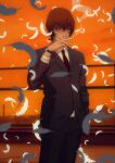  1boy alesio_rossino bangs brown_hair chain-link_fence cigarette cloud collared_shirt crossed_bangs feathers fence formal hair_between_eyes hand_in_pocket highres hitomi_hirosuke_(sayonara_wo_oshiete) holding holding_cigarette looking_at_viewer male_focus necktie on_roof orange_sky outdoors red_necktie rooftop sanpaku sayonara_wo_oshiete shirt sky smile smoke smoking solo suit twilight watch wristwatch 
