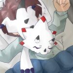  anthro bandai_namco bandanna bed black_claws brown_hair claws clothing digimon digimon_(species) digimon_ghost_game duo furniture gammamon gammamon_(ghost_game) hair hamu_ym hiro_amanokawa human kerchief male mammal pajamas sleeping white_body 