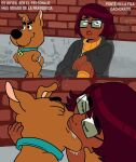  bestiality brown_hair canid canine canis collar dark_body dark_skin domestic_dog duo eyewear female feral glasses hair hanna-barbera hi_res human lips male male/female mammal scooby-doo_(series) scrappy-doo velma_(series) velma_dinkley 