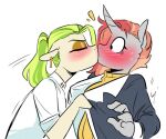  anthro blush ear_piercing earth_pony equid equine eyes_closed fan_character female female/female golden_keylime_(oc) hair hasbro horn horse kiss_on_lips kissing mammal my_little_pony piercing pony ponytail pulling_clothing redxbacon scribble_snug_(oc) surprise_kiss unicorn 