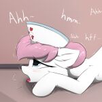  1:1 2019 ahh blush clothing dialogue digital_drawing_(artwork) digital_media_(artwork) dwhcn earth_pony equid equine female feral friendship_is_magic fur hair hasbro hat headgear headwear horse mammal moan my_little_pony nurse_clothing nurse_hat nurse_headwear nurse_redheart_(mlp) offscreen_sex open_mouth pink_hair pony solo tongue tongue_out white_body white_fur 