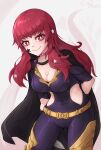  1girl bangs black_cape blush bodysuit breasts cape choker cleavage eondriver facial_mark fire_emblem fire_emblem_engage hair_ornament highres large_breasts long_hair looking_at_viewer red_eyes red_hair side_cutout simple_background smile solo star_(symbol) star_facial_mark star_hair_ornament white_background yunaka_(fire_emblem) 