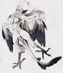  1boy ahoge animal_feet bird_legs bird_wings blue_wings closed_eyes closed_mouth facing_to_the_side feather_hair feathered_wings full_body grey_background grey_hair harpy_boy head_wings highres isaki_(shimesaba) long_hair male_focus monster_boy multicolored_wings muted_color neck_fur original sidelocks simple_background solo tail tail_feathers talons very_long_hair white_wings winged_arms wings 