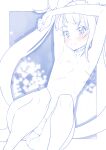  1girl armpits arms_up bangs blue_theme blush breasts commentary crotch_seam cure_sky floating hair_ornament head_tilt highres hirogaru_sky!_precure knees_up long_hair looking_at_viewer magical_girl miyagoe_yoshitsuki monochrome nipples outside_border panties precure small_breasts solo sora_harewataru spot_color topless twintails underwear underwear_only 