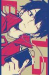 1boy blue_eyes blue_hair closed_mouth collarbone collared_jacket commentary dated dated_commentary digital_media_player earphones gaito-san hair_between_eyes halftone highres holding_digital_media_player jacket kagerou_project kisaragi_shintarou light_frown looking_at_object male_focus mekakucity_actors pillarboxed popped_collar red_jacket shirt short_hair simple_background solo t-shirt track_jacket upper_body 