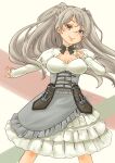  1girl absurdres breasts brown_eyes cleavage cleavage_cutout clothing_cutout conte_di_cavour_(kancolle) corset cowboy_shot dress frilled_dress frills grey_dress grey_hair highres kantai_collection large_breasts layered_dress long_hair long_sleeves looking_at_viewer pot-de smile solo two-tone_dress two_side_up white_background white_dress 