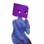  1:1 breasts clothed clothing cube digital_media_(artwork) female gesture hairless hoodie human leggings legwear looking_at_viewer mammal mouthless purple_body purple_skin simple_background solo steev_the_sadist tailless tetragon_(character) topwear v_sign 