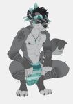  absurd_res accessory anthro bottomwear bulge clothing crouching fur green_eyes grey_body grey_fur headband hi_res jacksongrr_(artist) loincloth male mammal markings procyonid raccoon solo tribal tribal_markings zigurat_redclaw 