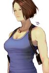  1girl bangs bare_shoulders blue_tank_top bob_cut breasts brown_eyes brown_hair cleavage ericson_blum highres jewelry jill_valentine large_breasts necklace parted_bangs resident_evil shirt short_hair signature sleeveless sleeveless_shirt solo tank_top toned upper_body white_background 