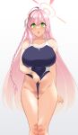  1girl :o ahoge bare_hips bare_legs bare_shoulders blue_archive blue_one-piece_swimsuit braid breasts clothes_pull collarbone feet_out_of_frame frontal_wedgie green_eyes halo hanako_(blue_archive) highres large_breasts long_hair looking_at_viewer nishi_(count2.4) one-piece_swimsuit one-piece_swimsuit_pull open_mouth pink_hair pussy self_wedgie simple_background solo straight-on swimsuit very_long_hair 