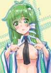  1girl antenna_hair bangs black_necktie blush breasts closed_mouth collared_shirt commentary_request dated detached_sleeves frog_hair_ornament green_eyes green_hair hair_between_eyes hair_ornament kei_jiei kochiya_sanae large_breasts long_hair looking_at_viewer necktie nipples no_bra open_clothes open_shirt shirt sidelocks single_hair_tube sleeveless sleeveless_shirt smile snake_hair_ornament solo touhou upper_body white_shirt white_sleeves wide_sleeves yellow_background 