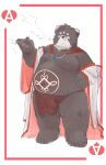  anthro bear belly bottomwear brown_body brown_fur cigarette clasp clothing fur hi_res loincloth male mammal moobs nipples overweight robe smoking solo yimingsama 
