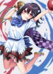  1girl ball bangs black_hair blue_bow blue_bowtie blurry blurry_background blush bow bowtie buttons cape checkered_cape depth_of_field dress flat_chest full_body grin hair_between_eyes highres horns kijin_seija looking_at_viewer medium_hair meimei_(meimei89008309) multicolored_hair no_socks orb red_eyes sandals simple_background skirt smile solo streaked_hair touhou yin_yang yin_yang_orb 