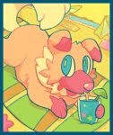  beach beach_towel beach_umbrella blue_eyes chocodiley cocktail_umbrella day dog drink drinking drinking_straw dutch_angle outdoors pokemon pokemon_(creature) rockruff sand solo towel umbrella water yellow_pupils yellow_sky 