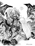  1boy 1girl ? camazotz_(fate) chaps claws dark-skinned_male dark_skin fate/grand_order fate_(series) greyscale headdress headpat kukulkan_(fate) long_hair monochrome senka-san sitting spoken_question_mark squatting tattoo twitter_username wings 