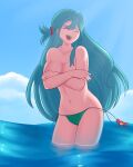  1girl ^_^ absurdres aqua_hair bikini bikini_bottom_only bow braid breasts chloe_(fire_emblem) closed_eyes commentary covering covering_breasts crab fire_emblem fire_emblem_engage hair_bow highres large_breasts long_hair navel obsidianwasp ocean red_bow solo standing stomach swimsuit thighs topless very_long_hair wading water 
