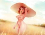  1girl arm_behind_head arm_up armpits blush boku_no_hero_academia breasts cloud completely_nude grass hat highres large_breasts looking_at_viewer medium_hair navel nipples nude open_mouth outdoors shpo sky solo standing sun_hat uraraka_ochako 