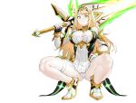  1girl absurdres aegis_sword_(xenoblade) armor bangs blonde_hair breasts cleavage gloves headpiece highres holding large_breasts long_hair looking_at_viewer mythra_(xenoblade) over_shoulder panties renxzd side_ponytail simple_background solo squatting swept_bangs thigh_strap underwear very_long_hair weapon weapon_over_shoulder white_background white_panties xenoblade_chronicles_(series) xenoblade_chronicles_2 yellow_eyes 