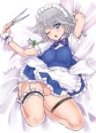  apron bangs barefoot blue_dress blue_eyes bow bowtie braid breasts bridal_garter dress feet_out_of_frame frilled_dress frills garter_straps green_bow grey_hair hair_between_eyes hair_bow izayoi_sakuya kei_jiei knife long_hair looking_at_viewer maid_headdress medium_breasts no_panties one_eye_closed open_mouth puffy_short_sleeves puffy_sleeves purple_bow purple_bowtie sheet_grab shiny_skin short_sleeves throwing_knife touhou twin_braids waist_apron weapon white_apron wrist_cuffs 