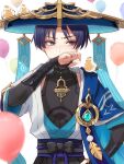  1boy animal_on_shoulder armor balloon bangs bird bird_on_shoulder black_bow black_sash black_shirt black_shorts blue_hair blue_headwear blue_ribbon blue_sash blue_vest blunt_ends blush bow commentary_request covering_mouth dark_blue_hair genshin_impact gold_trim hand_on_hip hand_up hat highres japanese_armor jewelry jingasa kote kurokote looking_away male_focus nagatukiarare open_clothes open_vest parted_bangs pom_pom_(clothes) purple_eyes red_eyeliner ribbon rope sash scaramouche_(genshin_impact) shirt short_hair short_sleeves shorts sleeveless sleeveless_shirt solo straight-on two-tone_vest v-shaped_eyebrows vest vision_(genshin_impact) wanderer_(genshin_impact) white_background white_vest 