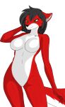  anthro black_hair breasts canid canine canis chest_tattoo female flare_rains green_eyes hair hi_res mammal medium_breasts red_fer red_wolf solo tattoo two-tone_body white_fer wolf 