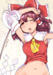  1girl arm_up armpits ascot bangs blush bottomless bow breasts brown_hair collared_shirt commentary_request dated detached_sleeves frilled_bow frilled_hair_tubes frilled_shirt_collar frills gohei hair_between_eyes hair_bow hair_tubes hakurei_reimu half-closed_eyes hatching_(texture) highres kei_jiei long_hair looking_at_viewer medium_breasts navel one_eye_closed open_mouth red_bow red_eyes red_shirt ribbon-trimmed_sleeves ribbon_trim shirt sideboob sidelocks sleeveless sleeveless_shirt solo tongue touhou upper_body white_sleeves wide_sleeves yellow_ascot 