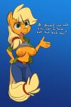  2023 absurd_res anthro applejack_(mlp) areola big_areola big_breasts big_nipples blonde_hair breasts dialogue earth_pony english_text equid equine female friendship_is_magic green_eyes hair hasbro hi_res horse mammal my_little_pony navel nipples open_mouth orange_body pony simple_background siroc solo text 