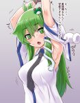  1girl 1other armpits bangs between_breasts black_necktie blush bound bound_wrists breasts collared_shirt commentary_request crossed_bangs detached_sleeves frog_hair_ornament green_eyes green_hair grey_background hair_between_eyes hair_ornament kei_jiei kochiya_sanae large_breasts lifted_by_another long_hair looking_at_viewer necktie necktie_between_breasts open_mouth rope shirt sidelocks single_hair_tube sleeve_lift sleeveless sleeveless_shirt snake_hair_ornament solo_focus touhou translation_request upper_body white_shirt white_sleeves 