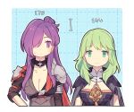  2girls alternate_hair_color asymmetrical_clothes bangs blush breasts byleth_(female)_(fire_emblem) byleth_(fire_emblem) enlightened_byleth_(female) fire_emblem fire_emblem:_three_houses fire_emblem_warriors:_three_hopes green_eyes green_hair haconeri hair_bun hair_ornament hair_over_one_eye large_breasts long_hair medium_breasts multiple_girls purple_eyes purple_hair shez_(female)_(fire_emblem) shez_(fire_emblem) simple_background single_hair_bun 