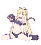  1girl ? @_@ ahoge animal_ears animal_hands bandeau bangs blonde_hair bridal_garter cat_cutout cat_ears cat_lingerie cat_paws cat_tail choker clothing_cutout commentary_request cosplay counter:side fake_animal_ears fake_tail fang frilled_choker frills full_body gloves highres kjg003 korean_commentary long_hair looking_at_viewer meme_attire naielle_bluesteel navel onii-chan_wa_oshimai! open_mouth oyama_mahiro oyama_mahiro_(cosplay) paw_gloves paw_shoes sitting solo spaghetti_strap spread_legs stomach strap_slip tail twintails underwear underwear_only very_long_hair wariza 